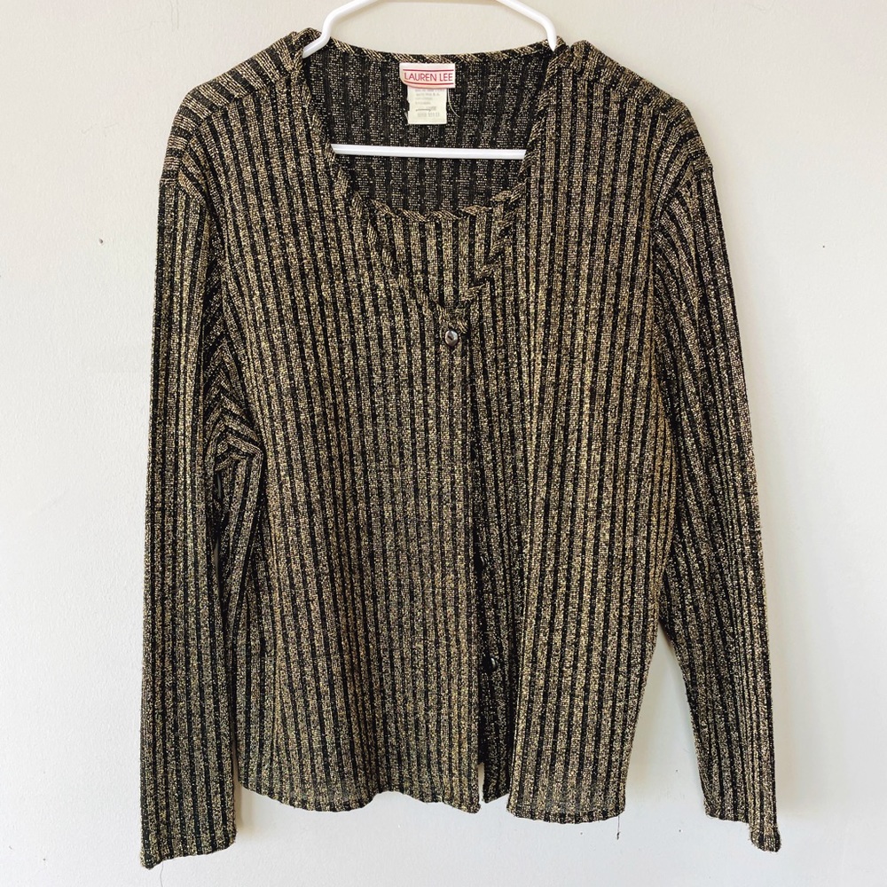 Vintage 70s  Black and Gold Metallic Striped Tank and Cardigan Sweater Set